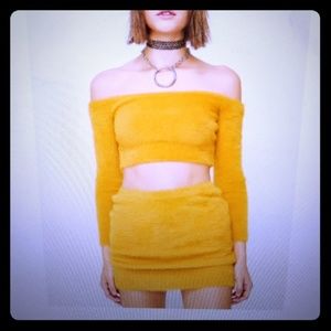 Yellow fuzzy skirt set w/ crop top
